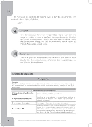 U3
136 Suspensão e interrupção de contrato de trabalho, jornada de trabalho e descanso semanal remunerado
de interrupção do contrato de trabalho. Após o 16º dia, converter-se-á em
suspensão do contrato de trabalho.
	Assim:
Atenção!
Cabe à empresa que dispuser de serviço médico próprio ou em convênio
o exame médico e o abono das faltas correspondentes aos primeiros
quinze dias de afastamento. Quando a incapacidade ultrapassar quinze
dias consecutivos, o segurado será encaminhado à perícia médica do
Instituto Nacional do Seguro Social.
O ônus da prova da incapacidade para o trabalho, bem como o nexo
causal entre a doença e a atividade profissional é do empregado segurado,
pelo princípio da razoabilidade.
Lembre-se
Avançando na prática
Pratique mais
Instrução
Desafiamos você a praticar o que aprendeu transferindo seus conhecimentos para novas situações
que pode encontrar no ambiente de trabalho. Realize as atividades e depois compare-as com as de
seus colegas.
“A suspensão do contrato de trabalho”
1. Competência de fundamentos
de área
Aplicar conceitos jurídicos apreendidos
2. Objetivos de aprendizagem
Identificar as circunstâncias e consequências jurídicas de
afastamento do trabalho em matéria de suspensão do
contrato de trabalho.
3. Conteúdos relacionados Interrupção e Suspensão do contrato de trabalho
4. Descrição da SP
Roberto Rosemberg sofreu acidente de trabalho e foi levado às
pressas para o hospital. Ele permaneceu 15 dias internado e no
16º dia foi submetido a exames médicos que diagnosticaram
sua incapacidade de retornar ao trabalho. A perícia do INSS
será daqui a 60 dias. Como ficará sua situação trabalhista?
 