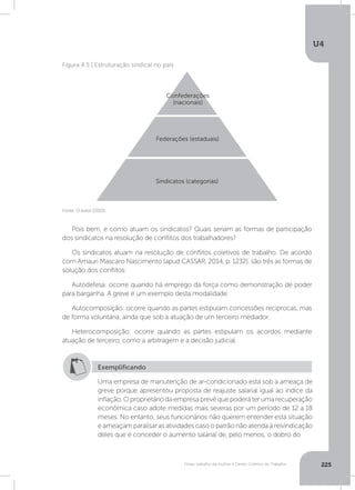 U4
225Férias, trabalho da mulher e Direito Coletivo do Trabalho
Fonte: O autor (2015).
Figura 4.5 | Estruturação sindical no país
Pois bem, e como atuam os sindicatos? Quais seriam as formas de participação
dos sindicatos na resolução de conflitos dos trabalhadores?
Os sindicatos atuam na resolução de conflitos coletivos de trabalho. De acordo
com Amauri Mascaro Nascimento (apud CASSAR, 2014, p. 1232), são três as formas de
solução dos conflitos:
Autodefesa: ocorre quando há emprego da força como demonstração de poder
para barganha. A greve é um exemplo desta modalidade.
Autocomposição: ocorre quando as partes estipulam concessões recíprocas, mas
de forma voluntária, ainda que sob a atuação de um terceiro mediador.
Heterocomposição: ocorre quando as partes estipulam os acordos mediante
atuação de terceiro, como a arbitragem e a decisão judicial.
Confederações
(nacionais)
Federações (estaduais)
Sindicatos (categorias)
Exemplificando
Uma empresa de manutenção de ar-condicionado está sob a ameaça de
greve porque apresentou proposta de reajuste salarial igual ao índice da
inflação. O proprietário da empresa prevê que poderá ter uma recuperação
econômica caso adote medidas mais severas por um período de 12 a 18
meses. No entanto, seus funcionários não querem entender esta situação
e ameaçam paralisar as atividades caso o patrão não atenda à reivindicação
deles que é conceder o aumento salarial de, pelo menos, o dobro do
 