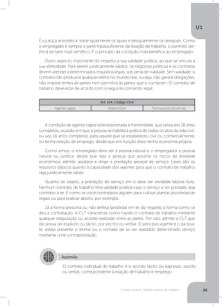 O Direito Social do Trabalho a Serviço da Cidadania
U1
25
É a justiça aristotélica: tratar igualmente os iguais e desigualmente os desiguais. Como
o empregado é sempre a parte hipossuficiente da relação de trabalho, o contrato ser-
lhe-á sempre mais benéfico. É o princípio da condição mais benéfica ao empregado.
Outro aspecto importante diz respeito a sua validade jurídica, ao que se vincula a
sua efetividade. Para serem juridicamente válidos, os negócios jurídicos e os contratos
devem atender a determinados requisitos legais, sob pena de nulidade. Sem validade. o
contrato não produzirá qualquer efeito no mundo real, ou seja, não gerará obrigações,
não imporá limites às partes nem permitirá às partes que o cumpram. O contrato de
trabalho deve estar de acordo com o seguinte comando legal:
A condição de agente capaz está relacionada à menoridade, que cessa aos 18 anos
completos, ocasião em que a pessoa se habilita à prática de todos os atos da vida civil;
ou aos 16 anos completos, para aquele que se estabeleceu civil ou comercialmente,
ou tenha relação de emprego, desde que em função disso tenha economia própria.
Como vimos, o empregado deve ser a pessoa natural e o empregador a pessoa
natural ou jurídica, desde que seja a pessoa que assume os riscos da atividade
econômica, admite, assalaria e dirige a prestação pessoal de serviço. Esses são os
requisitos básicos quanto à capacidade dos agentes para que o contrato de trabalho
seja juridicamente válido.
Quanto ao objeto, a prestação do serviço em si deve ser atividade laboral lícita.
Nenhum contrato de trabalho terá validade jurídica caso o serviço a ser prestado seja
contrário à lei. É como se você contratasse alguém para cultivar plantas psicotrópicas
ilegais ou para praticar aborto, por exemplo.
Já a forma prescrita ou não defesa (proibida) em lei diz respeito à forma como se
deu a contratação. A CLT caracteriza como havido o contrato de trabalho mediante
qualquer estipulação ou acordo realizado entre as partes. Por isso, admite a CLT que
ele possa ser explícito ou tácito, por escrito ou verbal. O princípio vigente é o da boa-
fé, esteja presente o ânimo ou a vontade de se ver realizado determinado serviço
mediante uma contraprestação.
Art. 104, Código Civil
Agente capaz Objeto lícito Forma prescrita em lei
Assimile
O contrato individual de trabalho é o acordo tácito ou expresso, escrito
ou verbal, correspondente à relação de trabalho e emprego.
 