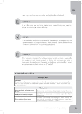 O Direito Social do Trabalho a Serviço da Cidadania
U1
45
Atenção!
O trabalhador em domicílio pode estar subordinado ao empregador, de
quem receberá salário por tarefa ou mensalmente, e executará atividade
conforme estabelecido no contrato de trabalho.
A lei não exige que se tenha diploma de curso técnico ou superior,
diferentemente do profissional liberal.
Osmeiostelemáticoseinformatizadosdecomando,controleesupervisão
se equiparam aos meios pessoais e diretos de comando, controle e
supervisão do trabalho, configurando a relação de subordinação. É o que
preceitua o parágrafo único do art. 6º da CLT.
Lembre-se
Lembre-se
que esses profissionais necessitam de habilitação profissional.
Avançando na prática
Pratique mais
Instrução
Desafiamos você a praticar o que aprendeu transferindo seus conhecimentos para novas situações
que você pode encontrar no ambiente de trabalho. Realize as atividades e depois as compare com
as de seus colegas.
“O estagiário”
1. Competência de fundamentos
de área
Conhecer as características dos principais “tipos” profissionais.
2. Objetivos de aprendizagem
Identificar os conceitos e requisitos legais dos “tipos”
profissionais.
3. Conteúdos relacionados
Conceito. Modalidades de empregado: eleito diretor, em
domicílio e teletrabalho, empregado aprendiz, trabalhador
avulso, estagiário, autônomo e eventual.
 
