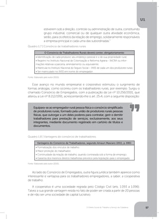 O Direito Social do Trabalho a Serviço da Cidadania
U1
57
Esse avanço no mundo empresarial e corporativo estimulou o surgimento de
formas análogas, como ocorreu com os trabalhadores rurais, por exemplo. Surgiu o
chamado Consórcio de Empregados, com a publicação da Lei nº 10.256/2001, que
alterou a Lei nº 8.212/1991, acrescentando-lhe o art. 25-A, com a seguinte disposição:
Ao lado do Consórcio de Empregados, outra figura jurídica também aparece como
interessante e vantajosa para os trabalhadores empregadores, a saber, a cooperativa
de trabalho.
A cooperativa é uma sociedade regrada pelo Código Civil (arts. 1.093 a 1.096).
Talvez a sua grande vantagem resida no fato de poder ser criada a partir de 20 pessoas
e de não ser uma sociedade de capital lucrativo.
estiverem sob a direção, controle ou administração de outra, constituindo
grupo industrial, comercial ou de qualquer outra atividade econômica,
serão, para os efeitos da relação de emprego, solidariamente responsáveis
a empresa principal e cada uma das subordinadas.”
Fonte: Elaborado pelo autor (2015).
Fonte: Elaborado pelo autor (2015).
Quadro 1.7 | Consórcio de trabalhadores rurais
Quadro 1.8 | Vantagens do consórcio de trabalhadores
O Consórcio de Trabalhadores Rurais deverá conter, obrigatoriamente:
• Identificação de cada produtor, seu endereço pessoal e o de sua propriedade rural;
• Registro no Instituto Nacional de Colonização e Reforma Agrária - INCRA ou infor-
mações relativas a parceria, arrendamento ou equivalente;
• Matrícula no Instituto Nacional do Seguro Social – INSS de cada um dos produtores rurais.
• Ser matriculado no INSS em nome do empregador.
Vantagens do Consórcio de Trabalhadores, segundo Amauri Mascaro (2011, p. 690):
• Formalização dos vínculos de trabalho;
• Maior proteção do trabalhador;
• Continuidade da relação de trabalho, quando contratada sob a forma de emprego;
• Garantia dos mesmos direitos trabalhistas previstos pela legislação para o empregado.
Equipara-seaoempregadorruralpessoafísicaoconsórciosimplificado
de produtores rurais, formado pela união de produtores rurais pessoas
físicas, que outorgar a um deles poderes para contratar, gerir e demitir
trabalhadores para prestação de serviços, exclusivamente, aos seus
integrantes, mediante documento registrado em cartório de títulos e
documentos.
 