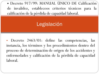 Decreto 2463/01: define las competencias, las instancia, los términos y los procedimientos dentro del proceso de determinación de origen de los accidentes y enfermedades y calificación de la pérdida de capacidad laboral.  .  Legislación Decreto 917/99: MANUAL ÚNICO DE Calificación de invalidez, estableceos criterios técnicos para la calificación de la pérdida de capacidad laboral.  