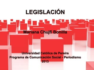 LEGISLACIÓN
Mariana Chujfi Bonilla
Universidad Católica de Pereira
Programa de Comunicación Social - Periodismo
2013
 