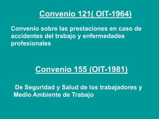 Convenio 121( OIT-1964)
Convenio sobre las prestaciones en caso de
accidentes del trabajo y enfermedades
profesionales
Convenio 155 (OIT-1981)
De Seguridad y Salud de los trabajadores y
Medio Ambiente de Trabajo
 