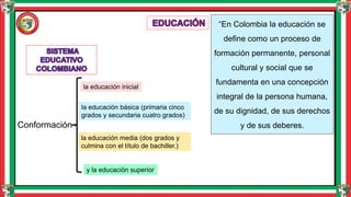 “En Colombia la educación se
define como un proceso de
formación permanente, personal
cultural y social que se
fundamenta en una concepción
integral de la persona humana,
de su dignidad, de sus derechos
y de sus deberes.
Conformación
la educación inicial
la educación básica (primaria cinco
grados y secundaria cuatro grados)
la educación media (dos grados y
culmina con el título de bachiller.)
y la educación superior
 