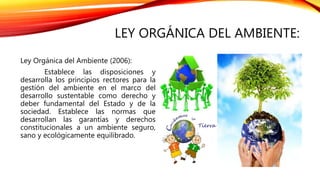 LEY ORGÁNICA DEL AMBIENTE:
Ley Orgánica del Ambiente (2006):
Establece las disposiciones y
desarrolla los principios rectores para la
gestión del ambiente en el marco del
desarrollo sustentable como derecho y
deber fundamental del Estado y de la
sociedad. Establece las normas que
desarrollan las garantías y derechos
constitucionales a un ambiente seguro,
sano y ecológicamente equilibrado.
 