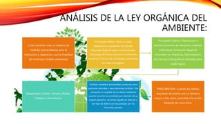 ANÁLISIS DE LA LEY ORGÁNICA DEL
AMBIENTE:
La ley también crea un sistema de
medidas precautelarías para la
restitución y reparación, con la finalidad
de minimizar el daño ambiental.
Principales Delitos: Daño al suelo,
vegetación y topografía del paisaje,
Descarga ilegal de aguas contaminadas,
Descargas de hidrocarburos en ambientes
acuáticos, Práctica de actividades prohibidas
en áreas protegidas
Principales Delitos: Disposición o
abandonamiento de desechos violando
estándares, Extracción ilegal de
minerales no-metálicos, Deforestación
de cuencas hidrográficas utilizadas para
suplir aguas
Penalidades: Prisión, Arresto, Multas,
Trabajos Comunitarios.
También establece penalidades accesorias para
personas naturales y para personas jurídicas. Una
compañía es culpable de un delito ambiental
cuando la acción es cometida por decisión de su
órgano ejecutivo. Acciones legales en relación a
ese tipo de delitos son escuchadas por los
tribunales penales.
PRESCRIPCIÓN: Cuando los delitos
requieren de prisión por un término
mayor a tres años, prescribe a la acción
después de cinco años.
 