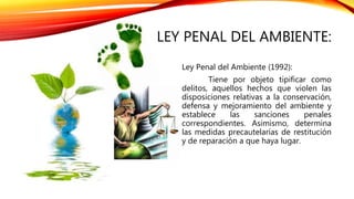 LEY PENAL DEL AMBIENTE:
Ley Penal del Ambiente (1992):
Tiene por objeto tipificar como
delitos, aquellos hechos que violen las
disposiciones relativas a la conservación,
defensa y mejoramiento del ambiente y
establece las sanciones penales
correspondientes. Asimismo, determina
las medidas precautelarías de restitución
y de reparación a que haya lugar.
 