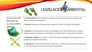 LEGISLACIÓN AMBIENTAL:
¿CUALES SON LOS
PRINCIPIOS DE
LA LEGISLACIÓN A
MBIENTAL?
1. Corresponsabilidad: Deber del Estado; la sociedad y las personas de conservar un ambiente sano,
seguro y ecológicamente equilibrado.
2. Prevención: Medida que prevalecerá sobre cualquier otro criterio en la gestión del ambiente.
3. Precaución: La falta de certeza científica no podrá alegarse como razón suficiente para no adoptar
medidas preventivas y eficaces en las actividades que pudiesen impactar negativamente el ambiente.
4. Participación ciudadana: Es un deber y un derecho de todos los ciudadanos la participación activa y
protagónica en la gestión del ambiente.
5. Tutela efectiva: Toda persona tiene derecho a exigir acciones rápidas y efectivas ante la administración y
los tribunales de justicia, en defensa de los derechos ambientales.
 