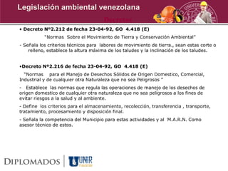 • Decreto Nº2.212 de fecha 23-04-92, GO 4.418 (E)
“Normas Sobre el Movimiento de Tierra y Conservación Ambiental”
- Señala los criterios técnicos para labores de movimiento de tierra., sean estas corte o
relleno, establece la altura máxima de los taludes y la inclinación de los taludes.
•Decreto Nº2.216 de fecha 23-04-92, GO 4.418 (E)
“Normas para el Manejo de Desechos Sólidos de Origen Domestico, Comercial,
Industrial y de cualquier otra Naturaleza que no sea Peligrosos ”
- Establece las normas que regula las operaciones de manejo de los desechos de
origen domestico de cualquier otra naturaleza que no sea peligrosos a los fines de
evitar riesgos a la salud y al ambiente.
- Define los criterios para el almacenamiento, recolección, transferencia , transporte,
tratamiento, procesamiento y disposición final.
- Señala la competencia del Municipio para estas actividades y al M.A.R.N. Como
asesor técnico de estos.
Decretos
Legislación ambiental venezolana
 