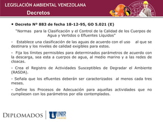 • Decreto Nº 883 de fecha 18-12-95, GO 5.021 (E)
“Normas para la Clasificación y el Control de la Calidad de los Cuerpos de
Agua y Vertidos o Efluentes Líquidos”
- Establece una clasificación de las aguas de acuerdo con el uso al que se
destinara y los niveles de calidad exigibles para estos.
- Fija los límites permisibles para determinados parámetros de acuerdo con
la descarga, sea esta a cuerpos de agua, al medio marino y a las redes de
cloacas.
- Crea el Registro de Actividades Susceptibles de Degradar el Ambiente
(RASDA).
- Señala que los efluentes deberán ser caracterizados al menos cada tres
meses.
- Define los Procesos de Adecuación para aquellas actividades que no
cumpliesen con los parámetros por ella contemplados.
LEGISLACIÓN AMBIENTAL VENEZOLANA
Decretos
 