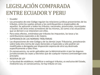 LEGISLACIÓN COMPARADA
ENTRE ECUADOR Y PERU
• Ecuador
• Los preceptos de este Código regulan las relaciones jurídicas provenientes de los
  tributos, entre los sujetos activos y los contribuyentes o responsables de
  aquellos. Se aplicarán a todos los tributos: nacionales, provinciales, municipales
  o locales o de otros entes acreedores de los mismos, así como a las situaciones
  que se deriven o se relacionen con ellos.
• Para estos efectos, entiéndase por tributos los impuestos, las tasas y las
  contribuciones especiales o de mejora.
• SUPREMACÍA DE LAS NORMAS TRIBUTARIAS
• Las disposiciones de este Código y de las demás Leyes Tributarias, prevalecerán
  sobre toda otra norma de Leyes Generales o Especiales y sólo podrán ser
  modificadas o derogadas por disposición expresa de otra Ley destinada
  específicamente a tales fines.
• En consecuencia, no serán aplicables por la Administración ni por los órganos
  jurisdiccionales las Leyes y Decretos que de cualquier manera contravengan este
  precepto.
• RESERVA DE LEY
• La facultad de establecer, modificar o extinguir tributos, es exclusiva del Estado,
  mediante Ley; en consecuencia, no hay tributo sin Ley.
 