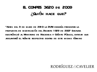 El CONPES 3620 de 2009
                  ¿Quién hace que?

•A                                            í
  ntes del 9 de mayo de 201 0 la DIA debera presentar la
                                      N
propuesta de modificación del Decreto 1 929 de 2007 (factura
electrónica) al Ministerio de Hacienda y Crédito Público, entidad que
adelantará el trámite respectivo dentro de este mismo término
 
