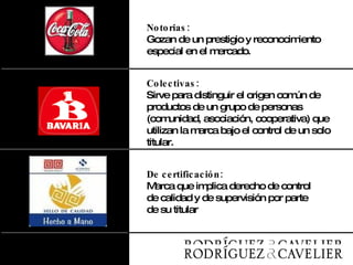 Invención:   Teléfono Notorias:  Gozan de un prestigio y reconocimiento especial en el mercado. Colectivas:  Sirve para distinguir el origen común de productos de un grupo de personas (comunidad, asociación, cooperativa) que utilizan la marca bajo el control de un solo titular.   De certificación:  Marca que implica derecho de control de calidad y de supervisión por parte de su titular 