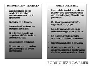 DENOMINACION  DE ORIGEN Las cualidades de los productos se deben exclusivamente al medio geográfico. Su titular es el Estado. La autorización de uso es otorgada por la SIC. Si el tercero cumple los requisitos, el Estado debe autorizar su uso. Solo identifica productos. Corresponde a un nombre geográfico que ya existe previamente. MARCA COLECTIVA Las cualidades de los productos pueden o no estar relacionadas con el medio geográfico del que provienen. Su titular es una asociación, organización o grupo. La autorización de uso de la marca es otorgada por su titular. Es discrecional de su titular autorizar o no el uso a terceros. Identifica productos o servicios. Puede estar constituida por palabras, gráficas o combinación de éstas, a voluntad de su titular. 