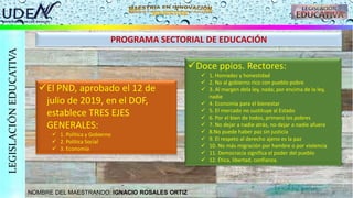 NOMBRE DEL MAESTRANDO: IGNACIO ROSALES ORTIZ
LEGISLACIÓN
EDUCATIVA
PROGRAMA SECTORIAL DE EDUCACIÓN
El PND, aprobado el 12 de
julio de 2019, en el DOF,
establece TRES EJES
GENERALES:
 1. Política y Gobierno
 2. Política Social
 3. Economía
Doce ppios. Rectores:
 1. Honradez y honestidad
 2. No al gobierno rico con pueblo pobre
 3. Al margen dela ley, nada; por encima de la ley,
nadie
 4. Economía para el bienestar
 5. El mercado no sustituye al Estado
 6. Por el bien de todos, primero los pobres
 7. No dejar a nadie atrás, no dejar a nadie afuera
 8.No puede haber paz sin justicia
 9. El respeto al derecho ajeno es la paz
 10. No más migración por hambre o por violencia
 11. Democracia significa el poder del pueblo
 12. Ética, libertad, confianza.
 