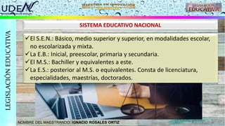 NOMBRE DEL MAESTRANDO: IGNACIO ROSALES ORTIZ
LEGISLACIÓN
EDUCATIVA
SISTEMA EDUCATIVO NACIONAL
El S.E.N.: Básico, medio superior y superior, en modalidades escolar,
no escolarizada y mixta.
La E.B.: Inicial, preescolar, primaria y secundaria.
El M.S.: Bachiller y equivalentes a este.
La E.S.: posterior al M.S. o equivalentes. Consta de licenciatura,
especialidades, maestrías, doctorados.
 