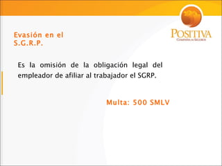 Es la omisión de la obligación legal del empleador de afiliar al trabajador el SGRP.  Multa: 500 SMLV Evasión en el S.G.R.P. 