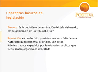 Decreto:  Es la decisión o determinación del jefe del estado,  De su gobierno o de un tribunal o juez Resolución:  es un decreto, providencia o auto fallo de una  Autoridad gubernamental o jurídica. Son actos  Administrativos expedidos por funcionarios públicos que  Representan organismos del estado Conceptos básicos en legislación 