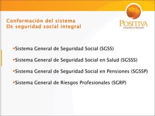 Conformación del sistema  De seguridad social integral Sistema General de Seguridad Social (SGSS)  Sistema General de Seguridad Social en Salud (SGSSS) Sistema General de Seguridad Social en Pensiones (SGSSP) Sistema General de Riesgos Profesionales (SGRP) 