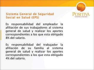 Sistema General de Seguridad Social en Salud (EPS) Es responsabilidad del empleador la afiliación de sus trabajadores al sistema general de salud y realizar los aportes correspondientes a los que esta obligado 8% del salario. Es responsabilidad del trabajador la afiliación de su familia al sistema general de salud y realizar los aportes correspondientes a los que esta obligado 4% del salario. 