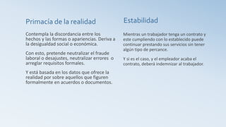 Primacía de la realidad
Contempla la discordancia entre los
hechos y las formas o apariencias. Deriva a
la desigualdad social o económica.
Con esto, pretende neutralizar el fraude
laboral o desajustes, neutralizar errores o
arreglar requisitos formales.
Y está basada en los datos que ofrece la
realidad por sobre aquellos que figuren
formalmente en acuerdos o documentos.
Estabilidad
Mientras un trabajador tenga un contrato y
este cumpliendo con lo establecido puede
continuar prestando sus servicios sin tener
algún tipo de percance.
Y si es el caso, y el empleador acaba el
contrato, deberá indemnizar al trabajador.
 