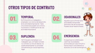 TEMPORAL
01. Se firma entre un trabajador y
empleador con motivo del desarrollo
de la actividad empresarial. Tales
circunstancias pueden ser el Inicio,
incremento o modificación de una
actividad empresarial
OCASIONALES
02. Aquellos que se firman ante
actividades temporales
distintas a las de la empresa.
Pueden durar hasta 6 meses.
SUPLENCIA
03. EMERGENCIA
04.
Se firma para reemplazar a un
trabajador que, sin haber cortado
su contrato su vinculo laboral, no
puede desempeñar su actividad
actualmente por causa legitima y
legal.
OTROS TIPOS DE CONTRATO
Es aquel que se celebra para
cubrir las necesidades
promovidas por caso fortuito o
fuerza mayor coincidiendo su
duración con la de la emergencia.
 