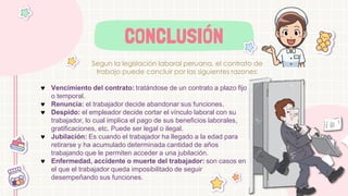 CONCLUSIÓN
Segun la legislación laboral peruana, el contrato de
trabajo puede concluir por las siguientes razones:
 Vencimiento del contrato: tratándose de un contrato a plazo fijo
o temporal.
 Renuncia: el trabajador decide abandonar sus funciones.
 Despido: el empleador decide cortar el vínculo laboral con su
trabajador, lo cual implica el pago de sus beneficios laborales,
gratificaciones, etc. Puede ser legal o ilegal.
 Jubilación: Es cuando el trabajador ha llegado a la edad para
retirarse y ha acumulado determinada cantidad de años
trabajando que le permiten acceder a una jubilación.
 Enfermedad, accidente o muerte del trabajador: son casos en
el que el trabajador queda imposibilitado de seguir
desempeñando sus funciones.
 