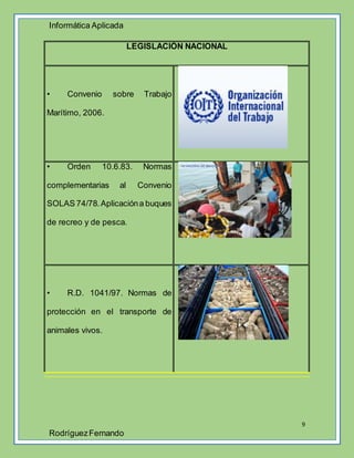 Informática Aplicada
9
RodríguezFernando
LEGISLACIÓN NACIONAL
• Convenio sobre Trabajo
Marítimo, 2006.
• Orden 10.6.83. Normas
complementarias al Convenio
SOLAS 74/78.Aplicacióna buques
de recreo y de pesca.
• R.D. 1041/97. Normas de
protección en el transporte de
animales vivos.
 