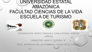UNIVERSIDAD ESTATAL
AMAZÓNICA
FACULTAD CIENCIAS DE LA VIDA
ESCUELA DE TURISMO
INTEGRANTES: MARCO TANGUILA, CARLA RODAS, JENIFER
VARGAS
SEMESTRE: QUINTO TURISMO “B”
TEMA: JERARQUIA DE LAS NORMAS LEGALES EN EL TURISMO
 