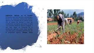 Legislación Agrícola en el Ecuador
Es aquella rama del Derecho, que persigue
ajustar las relaciones jurídicas de carácter
agrario a los dictados de la justicia social,
con el objeto de facilitar y crear las
condiciones necesarias para llevar a cabo
una auténtica Reforma Agraria Integral, o
sea, para lograr un aumento de la
producción agrícola y para hacer posible
una más justa y equitativa distribución de
la propiedad agraria. (Duque, 2015)
 