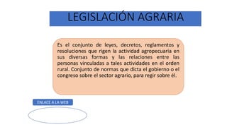 ENLACE A LA WEB
LEGISLACIÓN AGRARIA
Es el conjunto de leyes, decretos, reglamentos y
resoluciones que rigen la actividad agropecuaria en
sus diversas formas y las relaciones entre las
personas vinculadas a tales actividades en el orden
rural. Conjunto de normas que dicta el gobierno o el
congreso sobre el sector agrario, para regir sobre él.
 