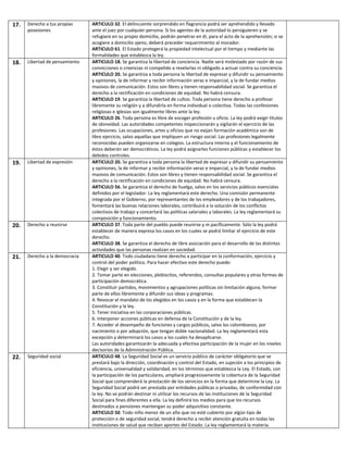 17.

Derecho a tus propias
posesiones

18.

Libertad de pensamiento

19.

Libertad de expresión

20.

Derecho a reunirse

21.

Derecho a la democracia

22.

Seguridad social

ARTICULO 32. El delincuente sorprendido en flagrancia podrá ser aprehendido y llevado
ante el juez por cualquier persona. Si los agentes de la autoridad lo persiguieren y se
refugiare en su propio domicilio, podrán penetrar en él, para el acto de la aprehensión; si se
acogiere a domicilio ajeno, deberá preceder requerimiento al morador.
ARTICULO 61. El Estado protegerá la propiedad intelectual por el tiempo y mediante las
formalidades que establezca la ley.
ARTICULO 18. Se garantiza la libertad de conciencia. Nadie será molestado por razón de sus
convicciones o creencias ni compelido a revelarlas ni obligado a actuar contra su conciencia.
ARTICULO 20. Se garantiza a toda persona la libertad de expresar y difundir su pensamiento
y opiniones, la de informar y recibir información veraz e imparcial, y la de fundar medios
masivos de comunicación. Estos son libres y tienen responsabilidad social. Se garantiza el
derecho a la rectificación en condiciones de equidad. No habrá censura.
ARTICULO 19. Se garantiza la libertad de cultos. Toda persona tiene derecho a profesar
libremente su religión y a difundirla en forma individual o colectiva. Todas las confesiones
religiosas e iglesias son igualmente libres ante la ley.
ARTICULO 26. Toda persona es libre de escoger profesión u oficio. La ley podrá exigir títulos
de idoneidad. Las autoridades competentes inspeccionarán y vigilarán el ejercicio de las
profesiones. Las ocupaciones, artes y oficios que no exijan formación académica son de
libre ejercicio, salvo aquellas que impliquen un riesgo social. Las profesiones legalmente
reconocidas pueden organizarse en colegios. La estructura interna y el funcionamiento de
éstos deberán ser democráticos. La ley podrá asignarles funciones públicas y establecer los
debidos controles.
ARTICULO 20. Se garantiza a toda persona la libertad de expresar y difundir su pensamiento
y opiniones, la de informar y recibir información veraz e imparcial, y la de fundar medios
masivos de comunicación. Estos son libres y tienen responsabilidad social. Se garantiza el
derecho a la rectificación en condiciones de equidad. No habrá censura.
ARTICULO 56. Se garantiza el derecho de huelga, salvo en los servicios públicos esenciales
definidos por el legislador. La ley reglamentará este derecho. Una comisión permanente
integrada por el Gobierno, por representantes de los empleadores y de los trabajadores,
fomentará las buenas relaciones laborales, contribuirá a la solución de los conflictos
colectivos de trabajo y concertará las políticas salariales y laborales. La ley reglamentará su
composición y funcionamiento.
ARTICULO 37. Toda parte del pueblo puede reunirse y m pacíficamente. Sólo la ley podrá
establecer de manera expresa los casos en los cuales se podrá limitar el ejercicio de este
derecho.
ARTICULO 38. Se garantiza el derecho de libre asociación para el desarrollo de las distintas
actividades que las personas realizan en sociedad.
ARTICULO 40. Todo ciudadano tiene derecho a participar en la conformación, ejercicio y
control del poder político. Para hacer efectivo este derecho puede:
1. Elegir y ser elegido.
2. Tomar parte en elecciones, plebiscitos, referendos, consultas populares y otras formas de
participación democrática.
3. Constituir partidos, movimientos y agrupaciones políticas sin limitación alguna; formar
parte de ellos libremente y difundir sus ideas y programas.
4. Revocar el mandato de los elegidos en los casos y en la forma que establecen la
Constitución y la ley.
5. Tener iniciativa en las corporaciones públicas.
6. Interponer acciones públicas en defensa de la Constitución y de la ley.
7. Acceder al desempeño de funciones y cargos públicos, salvo los colombianos, por
nacimiento o por adopción, que tengan doble nacionalidad. La ley reglamentará esta
excepción y determinará los casos a los cuales ha desaplicarse.
Las autoridades garantizarán la adecuada y efectiva participación de la mujer en los niveles
decisorios de la Administración Pública.
ARTICULO 48. La Seguridad Social es un servicio público de carácter obligatorio que se
prestará bajo la dirección, coordinación y control del Estado, en sujeción a los principios de
eficiencia, universalidad y solidaridad, en los términos que establezca la Ley. El Estado, con
la participación de los particulares, ampliará progresivamente la cobertura de la Seguridad
Social que comprenderá la prestación de los servicios en la forma que determine la Ley. La
Seguridad Social podrá ser prestada por entidades públicas o privadas, de conformidad con
la ley. No se podrán destinar ni utilizar los recursos de las instituciones de la Seguridad
Social para fines diferentes a ella. La ley definirá los medios para que los recursos
destinados a pensiones mantengan su poder adquisitivo constante.
ARTICULO 50. Todo niño menor de un año que no esté cubierto por algún tipo de
protección o de seguridad social, tendrá derecho a recibir atención gratuita en todas las
instituciones de salud que reciban aportes del Estado. La ley reglamentará la materia.

 