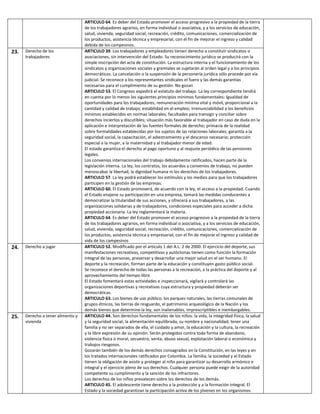 23.

Derecho de los
trabajadores

24.

Derecho a jugar

25.

Derecho a tener alimento y
vivienda

ARTICULO 64. Es deber del Estado promover el acceso progresivo a la propiedad de la tierra
de los trabajadores agrarios, en forma individual o asociativa, y a los servicios de educación,
salud, vivienda, seguridad social, recreación, crédito, comunicaciones, comercialización de
los productos, asistencia técnica y empresarial, con el fin de mejorar el ingreso y calidad
debida de los campesinos.
ARTICULO 39. Los trabajadores y empleadores tienen derecho a constituir sindicatos o
asociaciones, sin intervención del Estado. Su reconocimiento jurídico se producirá con la
simple inscripción del acta de constitución. La estructura interna y el funcionamiento de los
sindicatos y organizaciones sociales y gremiales se sujetarán al orden legal y a los principios
democráticos. La cancelación o la suspensión de la personería jurídica sólo procede por vía
judicial. Se reconoce a los representantes sindicales el fuero y las demás garantías
necesarias para el cumplimiento de su gestión. No gozan
ARTICULO 53. El Congreso expedirá el estatuto del trabajo. La ley correspondiente tendrá
en cuenta por lo menos los siguientes principios mínimos fundamentales: Igualdad de
oportunidades para los trabajadores; remuneración mínima vital y móvil, proporcional a la
cantidad y calidad de trabajo; estabilidad en el empleo; irrenunciabilidad a los beneficios
mínimos establecidos en normas laborales; facultades para transigir y conciliar sobre
derechos inciertos y discutibles; situación más favorable al trabajador en caso de duda en la
aplicación e interpretación de las fuentes formales de derecho; primacía de la realidad
sobre formalidades establecidas por los sujetos de las relaciones laborales; garantía a la
seguridad social, la capacitación, el adiestramiento y el descanso necesario; protección
especial a la mujer, a la maternidad y al trabajador menor de edad.
El estado garantiza el derecho al pago oportuno y al reajuste periódico de las pensiones
legales.
Los convenios internacionales del trabajo debidamente ratificados, hacen parte de la
legislación interna. La ley, los contratos, los acuerdos y convenios de trabajo, no pueden
menoscabar la libertad, la dignidad humana ni los derechos de los trabajadores.
ARTICULO 57. La ley podrá establecer los estímulos y los medios para que los trabajadores
participen en la gestión de las empresas.
ARTICULO 60. El Estado promoverá, de acuerdo con la ley, el acceso a la propiedad. Cuando
el Estado enajene su participación en una empresa, tomará las medidas conducentes a
democratizar la titularidad de sus acciones, y ofrecerá a sus trabajadores, a las
organizaciones solidarias y de trabajadores, condiciones especiales para acceder a dicha
propiedad accionaria. La ley reglamentará la materia.
ARTICULO 64. Es deber del Estado promover el acceso progresivo a la propiedad de la tierra
de los trabajadores agrarios, en forma individual o asociativa, y a los servicios de educación,
salud, vivienda, seguridad social, recreación, crédito, comunicaciones, comercialización de
los productos, asistencia técnica y empresarial, con el fin de mejorar el ingreso y calidad de
vida de los campesinos
ARTICULO 52. Modificado por el artículo 1 del A.L. 2 de 2000. El ejercicio del deporte, sus
manifestaciones recreativas, competitivas y autóctonas tienen como función la formación
integral de las personas, preservar y desarrollar una mejor salud en el ser humano. El
deporte y la recreación, forman parte de la educación y constituyen gasto público social.
Se reconoce el derecho de todas las personas a la recreación, a la práctica del deporte y al
aprovechamiento del tiempo libre.
El Estado fomentará estas actividades e inspeccionará, vigilará y controlará las
organizaciones deportivas y recreativas cuya estructura y propiedad deberán ser
democráticas.
ARTICULO 63. Los bienes de uso público, los parques naturales, las tierras comunales de
grupos étnicos, las tierras de resguardo, el patrimonio arqueológico de la Nación y los
demás bienes que determine la ley, son inalienables, imprescriptibles e inembargables.
ARTICULO 44. Son derechos fundamentales de los niños: la vida, la integridad física, la salud
y la seguridad social, la alimentación equilibrada, su nombre y nacionalidad, tener una
familia y no ser separados de ella, el cuidado y amor, la educación y la cultura, la recreación
y la libre expresión de su opinión. Serán protegidos contra toda forma de abandono,
violencia física o moral, secuestro, venta, abuso sexual, explotación laboral o económica y
trabajos riesgosos.
Gozarán también de los demás derechos consagrados en la Constitución, en las leyes y en
los tratados internacionales ratificados por Colombia. La familia, la sociedad y el Estado
tienen la obligación de asistir y proteger al niño para garantizar su desarrollo armónico e
integral y el ejercicio pleno de sus derechos. Cualquier persona puede exigir de la autoridad
competente su cumplimiento y la sanción de los infractores.
Los derechos de los niños prevalecen sobre los derechos de los demás.
ARTICULO 45. El adolescente tiene derecho a la protección y a la formación integral. El
Estado y la sociedad garantizan la participación activa de los jóvenes en los organismos

 
