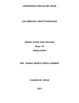 UNIVERSIDAD POPULAR DEL CESAR

LOS DERECHOS CONSTITUCIONALES

ISMAEL DAVID CARO GALIANO
Grupo: 02
LEGISLACION

ING: SANDRA MILENA PADILLA MORENO

VALLEDUPAR –CESAR

2013

 