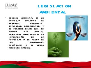L EGI S L ACI ON
                                AMBI ENTAL
•   D ERECHO AMBI ENTAL ES UN
    COMPL EJO        CONJUNTO       DE
    TRATAD OS ,          CONVENI OS ,
    ES TATUTOS , REGL AMENTOS , Y
    EL D ERECHO COMÚN QUE, D E
    MANERA          MUY      AMPL I A,
    F UNCI ONAN PARA REGUL AR L A
    I NTERACCI ÓN         DE        LA
    HUMANI D AD Y EL RES TO D E
    L OS                COMPONENTES
    BI OF Í S I COS   O  EL    MED I O
    AMBI ENTE NATURAL
 
