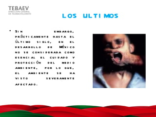 L OS UL TI MOS
•   Si n                       e mb ar g o ,
    p r á c t i c ame n t e h as t a e l
    ú l t i mo      s i gl o ,    en      el
    d e s ar r o l l o     de      Mé x i c o
    n o s e c o n s i d e r ab a c o mo
    e s e n c i al e l c u i d ad o y
    p r o t e c c i ón     del      me d i o
    amb i e n t e ,      por l o que ,
    el        amb i e n t e      se       ha
    vi s t o              s e ve r ame n t e
    af e c t ad o .
 