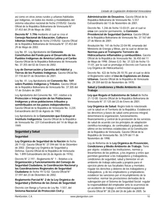 Listado de Legislación Ambiental Venezolana

así como en otras zonas rurales y urbanas habitadas            Administración de Desastres. Gaceta Oficial de la
por indígenas, en todos los niveles y modalidades del          República Bolivariana de Venezuela No. 5.557
sistema educativo nacional de fecha 27/05/02. Gaceta           Extraordinario del 13 de Noviembre de 2001.
Oficial de la República Bolivariana de Venezuela N°
                                                               Decreto No. 1.246 de fecha 13-03-01, por el cual se
37.453 del 29 de Mayo de 2002.
                                                               crea con carácter permanente, la Comisión
Decreto N° 1.796 mediante el cual se crea el                   Presidencial de Seguridad Química. Gaceta Oficial
Consejo Nacional de Educación, Cultura e                       de la República Bolivariana de Venezuela No. 37.167 del
Idiomas Indígenas de fecha 27/05/02. Gaceta Oficial            27 de Marzo de 2001.
de la República Bolivariana de Venezuela N° 37.453 del
                                                               Resolución No. 141 de fecha 22-04-98, emanada del
29 de Mayo de 2002.
                                                               Ministerio de Energía y Minas, por la cual se dictan las
Ley No. 81. Ley Aprobatoria del Convenio                       Normas para el Transporte Terrestre de
Constitutivo del Fondo para el Desarrollo de los               Hidrocarburos inflamables y combustibles. Gaceta
Pueblos Indígenas de América Latina y el Caribe.               Oficial de la República de Venezuela No. 36.450 del 11
Gaceta Oficial de la República Bolivariana de Venezuela        de Mayo de 1998. (Véase G.O. No. 37.323 de fecha 13-
No. 37.355 del 02 de Enero de 2002.                            11-01, por la cual se promulga el Decreto con Fuerza de
                                                               Ley Orgánica de Hidrocarburos).
Ley de Demarcación y Garantía del Hábitat y
Tierras de los Pueblos Indígenas. Gaceta Oficial No.           Decreto No. 422 de fecha 28-10-70, por el cual se dicta
37.118 del 01 de Diciembre de 2001.                            el Reglamento sobre el Uso de Explosivos en Zonas
                                                               Urbanas. Gaceta Oficial de la República de Venezuela
Ley No. 41. Ley Aprobatoria del Convenio No. 169
                                                               No. 29.359 del 03 de Noviembre de 1970.
sobre Pueblos Indígenas y Tribales. Gaceta Oficial
de la República Bolivariana de Venezuela No. 37.305 del        Salud y Condiciones y Medio Ambiente de
17 de Octubre de 2001.                                         Trabajo
Ley Aprobatoria del Convenio No. 107, relativo a la            Ley que Regula el Subsistema de Salud de fecha
Protección e Integración de las Poblaciones                    21-12-00. Gaceta Oficial de la República Bolivariana de
Indígenas y otras poblaciones tribuales y                      Venezuela N° 37.125 del 23 de Enero de 2001.
semitribuales en los países independientes.
                                                               Ley Orgánica de Salud. Regirá todo lo relacionado
Gaceta Oficial de la República de Venezuela No. 3.235
                                                               con la salud en el Territorio de la República. Establecerá
Extraordinario del 03 de Agosto de 1983.
                                                               las directrices y bases de salud como proceso integral,
Ley Aprobatoria de la Convención que Estatuye el               determinará la organización, funcionamiento,
Instituto Indigenista. Gaceta Oficial de la República          financiamiento y control de la prestación de los servicios
de Venezuela No. 231 Extraordinario del 14 de Mayo de          de salud de acuerdo con los principios de adaptación
1949.                                                          científico-tecnológica, de continuidad y gratuidad, este
                                                               último en los términos establecidos en la Constitución
Seguridad y Salud                                              de la República de Venezuela. Gaceta Oficial de la
                                                               República de Venezuela No. 36.579 del 11 de
Seguridad
                                                               Noviembre de 1998.
Ley Orgánica de Seguridad de la Nación de fecha
                                                               Ley de Reforma de la Ley Orgánica de Prevención,
28-11-02. Gaceta Oficial N° 37.594 del 18 de Diciembre
                                                               Condiciones y Medio Ambiente de Trabajo. Tiene
de 2002. (Deroga Ley Orgánica de Seguridad y
                                                               por objeto: establecer las instituciones, normas y
Defensa. Gaceta Oficial de la República de Venezuela
                                                               lineamientos de las políticas, y los órganos y entes que
No. 1.899 Extraordinario del 26 de Agosto de 1976).
                                                               permitan garantizar a los trabajadores y trabajadoras,
Decreto N° 2.197 - Reglamento N° 1 - Relativo a la             condiciones de seguridad, salud y bienestar en un
Organización y Funcionamiento del Consejo de                   ambiente de trabajo adecuado y propicio para el
Seguridad Ciudadana, la Coordinación Nacional y                ejercicio pleno de sus facultades físicas y mentales;
las Coordinaciones Regionales de Seguridad                     regular los derechos y deberes de los trabajadores y
Ciudadana de fecha 19-12-02. Gaceta Oficial N°                 trabajadoras, y de los empleadores y empleadoras;
37.597 del 23 de Diciembre de 2002.                            establecer las sanciones por el incumplimiento de la
                                                               normativa; normar las prestaciones derivadas de la
Reglamento Parcial N° 2 de la Ley Orgánica de
                                                               subrogación por el Sistema de Seguridad Social; regular
Seguridad y Defensa de las Zonas de Seguridad.
                                                               la responsabilidad del empleador ante la ocurrencia de
Decreto con Rango y Fuerza de Ley No. 1.557, del               un accidente de trabajo o enfermedad ocupacional.
Sistema Nacional de Protección Civil y                         Gaceta Oficial Nº 38.236 del 26 de julio de 2005. Se
PlaniGestión, C.A.                              www.planigestion.com                                                  10
 