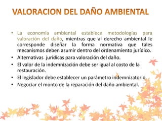 • La economía ambiental establece metodologías para
valoración del daño, mientras que al derecho ambiental le
corresponde diseñar la forma normativa que tales
mecanismos deben asumir dentro del ordenamiento jurídico.
• Alternativas jurídicas para valoración del daño.
• El valor de la indemnización debe ser igual al costo de la
restauración.
• El legislador debe establecer un parámetro indemnizatorio.
• Negociar el monto de la reparación del daño ambiental.
 