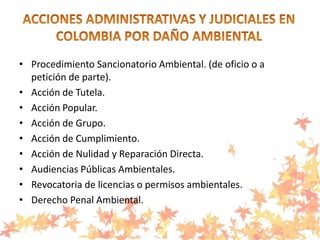 • Procedimiento Sancionatorio Ambiental. (de oficio o a
petición de parte).
• Acción de Tutela.
• Acción Popular.
• Acción de Grupo.
• Acción de Cumplimiento.
• Acción de Nulidad y Reparación Directa.
• Audiencias Públicas Ambientales.
• Revocatoria de licencias o permisos ambientales.
• Derecho Penal Ambiental.
 
