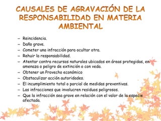 – Reincidencia.
– Daño grave.
– Cometer una infracción para ocultar otra.
– Rehuir la responsabilidad.
– Atentar contra recursos naturales ubicados en áreas protegidas, en
amenaza o peligro de extinción o con veda.
– Obtener un Provecho económico
– Obstaculizar acción autoridades.
– El incumplimiento total o parcial de medidas preventivas.
– Las infracciones que involucren residuos peligrosos.
– Que la infracción sea grave en relación con el valor de la especie
afectada.
 