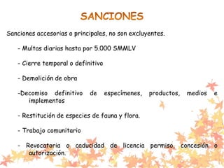 Sanciones accesorias o principales, no son excluyentes.
- Multas diarias hasta por 5.000 SMMLV
- Cierre temporal o definitivo
- Demolición de obra
-Decomiso definitivo de especímenes, productos, medios e
implementos
- Restitución de especies de fauna y flora.
- Trabajo comunitario
- Revocatoria o caducidad de licencia permiso, concesión o
autorización.
 
