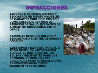 INFRACCIONES
• 4.DISPONER RESIDUOS SÓLIDOS Y
ESCOMBROS EN BIENES INMUEBLES
DE CARÁCTER PÚBLICO O PRIVADO,
COMO COLEGIOS, CENTROS DE
ATENCIÓN DE SALUD, EXPENDIOS DE
ALIMENTOS, DROGUERÍAS, ENTRE
OTROS.
• 5.ARROJAR RESIDUOS SOLIDOS Y
ESCOMBROS A FUENTES DE AGUAS Y
BOSQUES.
• 6.DESTAPAR Y EXTRAER, PARCIAL O
TOTALMENTE, SIN AUTORIZACIÓN
ALGUNA, EL CONTENIDO DE LAS
BOLSAS Y RECIPIENTES PARA LOS
RESIDUOS SÓLIDOS, UNA VEZ
COLOCADOS PARA SU RECOLECCIÓN,
EN CONCORDANCIA CON EL
DECRETO 1713 DE 2002.
 