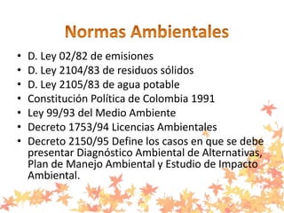 • D. Ley 02/82 de emisiones
• D. Ley 2104/83 de residuos sólidos
• D. Ley 2105/83 de agua potable
• Constitución Política de Colombia 1991
• Ley 99/93 del Medio Ambiente
• Decreto 1753/94 Licencias Ambientales
• Decreto 2150/95 Define los casos en que se debe
presentar Diagnóstico Ambiental de Alternativas,
Plan de Manejo Ambiental y Estudio de Impacto
Ambiental.
 