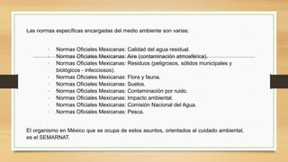 Las normas específicas encargadas del medio ambiente son varias:
· Normas Oficiales Mexicanas: Calidad del agua residual.
· Normas Oficiales Mexicanas: Aire (contaminación atmosférica).
· Normas Oficiales Mexicanas: Residuos (peligrosos, sólidos municipales y
biológicos - infecciosos).
· Normas Oficiales Mexicanas: Flora y fauna.
· Normas Oficiales Mexicanas: Suelos.
· Normas Oficiales Mexicanas: Contaminación por ruido.
· Normas Oficiales Mexicanas: Impacto ambiental.
· Normas Oficiales Mexicanas: Comisión Nacional del Agua.
· Normas Oficiales Mexicanas: Pesca.
El organismo en México que se ocupa de estos asuntos, orientados al cuidado ambiental,
es el SEMARNAT.
 