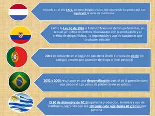 Holanda en el año 1976, así como Bélgica y Suiza, son algunos de los países que han
legalizado la venta de marihuana.

Existe la Ley 30 de 1986 o Estatuto Nacional de Estupefacientes, en
la cual se tipifica los delitos relacionados con la producción y el
tráfico de drogas ilícitas, la importación y uso de sustancias que
producen adicción.

2001 se convierte en el segundo país de la Unión Europea en abolir los
castigos penales por posesión de droga a nivel personal

2002 y 2006 resultaron en una despenalización parcial de la posesión para
uso personal. Las penas de prisión ya no se aplican.

El 10 de diciembre de 2013 legaliza la producción, tenencia y uso de
marihuana, logrando que sea 100 porciento legal hasta 40 gramos por
persona.

 
