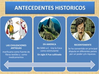 ANTECEDENTES HISTORICOS

LAS CIVILIZACIONES
ANTIGUAS
marihuana como fuente de
fibras textiles y como
medicamentos

EN AMERICA

RECIENTEMENTE

En 5000 a.C. Usa la Coca
como estimulante

Se ha convertido en principal
disputa en diferentes países
por un poder y/o riquezas.

En siglo X Fue cultivada

 