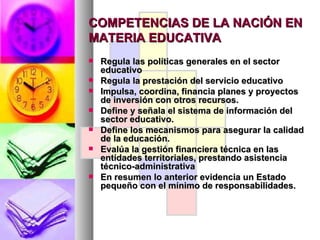 COMPETENCIAS DE LA NACIÓN EN MATERIA EDUCATIVA Regula las políticas generales en el sector educativo Regula la prestación del servicio educativo Impulsa, coordina, financia planes y proyectos de inversión con otros recursos. Define y señala el sistema de información del sector educativo. Define los mecanismos para asegurar la calidad de la educación. Evalúa la gestión financiera técnica en las entidades territoriales, prestando asistencia técnico-administrativa En resumen lo anterior evidencia un Estado pequeño con el mínimo de responsabilidades. 