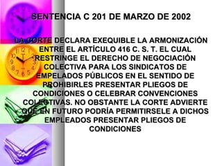 SENTENCIA C 201 DE MARZO DE 2002 LA CORTE DECLARA EXEQUIBLE LA ARMONIZACIÓN ENTRE EL ARTÍCULO 416 C. S. T. EL CUAL RESTRINGE EL DERECHO DE NEGOCIACIÓN COLECTIVA PARA LOS SINDICATOS DE EMPELADOS PÚBLICOS EN EL SENTIDO DE PROHIBIRLES PRESENTAR PLIEGOS DE CONDICIONES O CELEBRAR CONVENCIONES COLECTIVAS. NO OBSTANTE LA CORTE ADVIERTE QUE EN FUTURO PODRÍA PERMITIRSELE A DICHOS EMPLEADOS PRESENTAR PLIEGOS DE CONDICIONES 