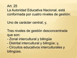 Art. 25
La Autoridad Educativa Nacional, está
conformada por cuatro niveles de gestión:
Uno de carácter central; y,
Tres niveles de gestión desconcentrada
que son:
- Zonal intercultural y bilingüe
- Distrital intercultural y bilingüe; y,
- Circuitos educativos interculturales y
bilingües.
 